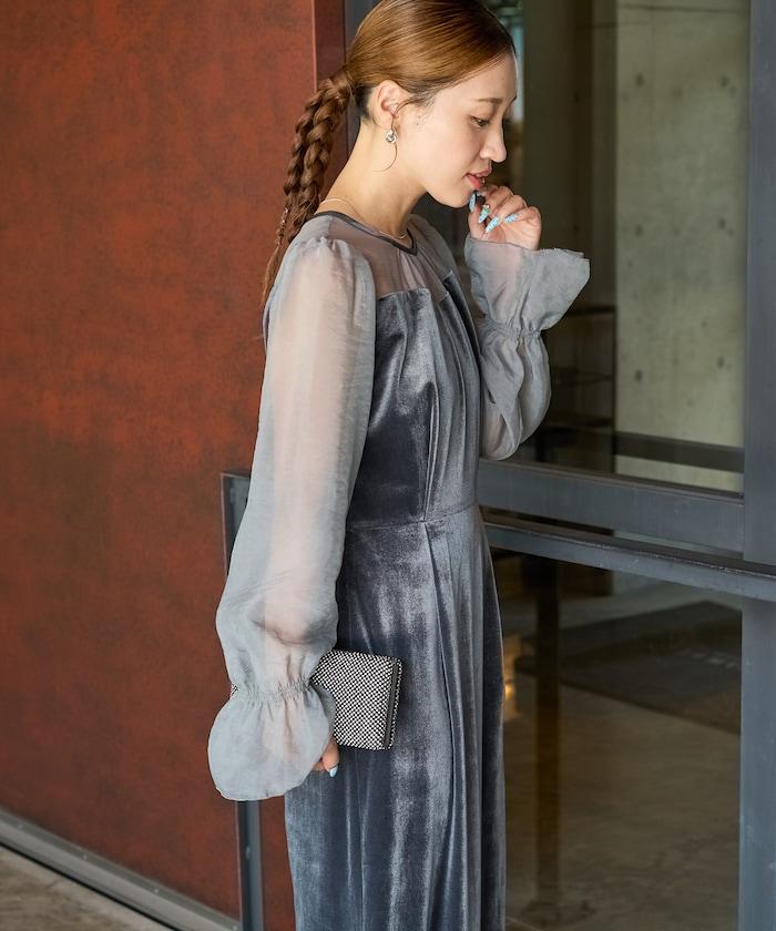 歐根紗天鵝絨拼接泡泡袖連衣裙（禮服）