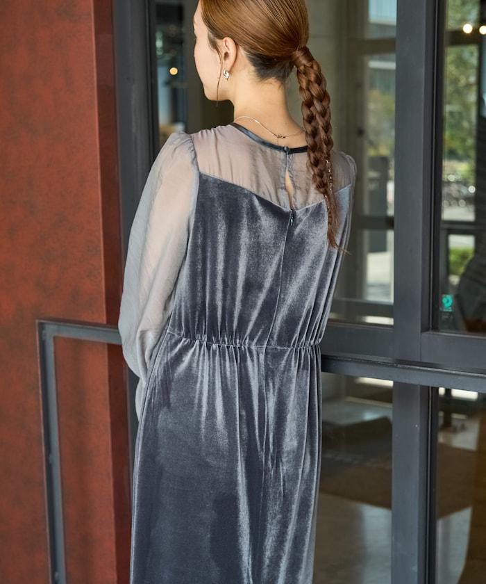 歐根紗天鵝絨拼接泡泡袖連衣裙（禮服）