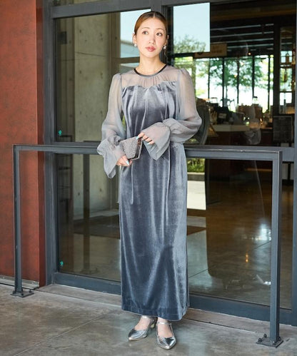 歐根紗天鵝絨拼接泡泡袖連衣裙（禮服）