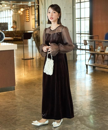 歐根紗天鵝絨拼接泡泡袖連衣裙（禮服）