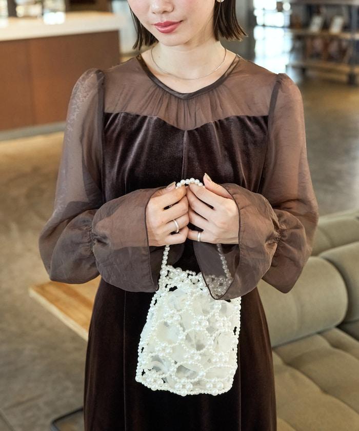 歐根紗天鵝絨拼接泡泡袖連衣裙（禮服）