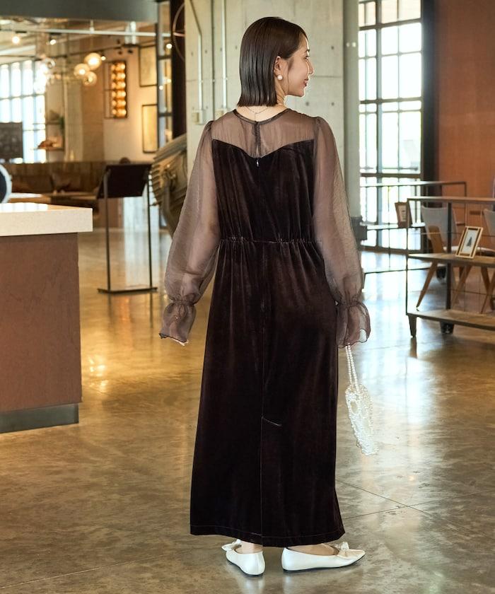 歐根紗天鵝絨拼接泡泡袖連衣裙（禮服）