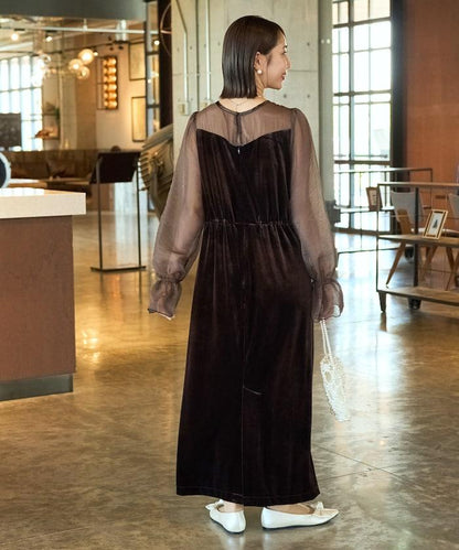 歐根紗天鵝絨拼接泡泡袖連衣裙（禮服）