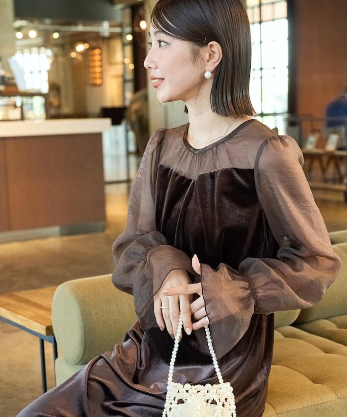 歐根紗天鵝絨拼接泡泡袖連衣裙（禮服）