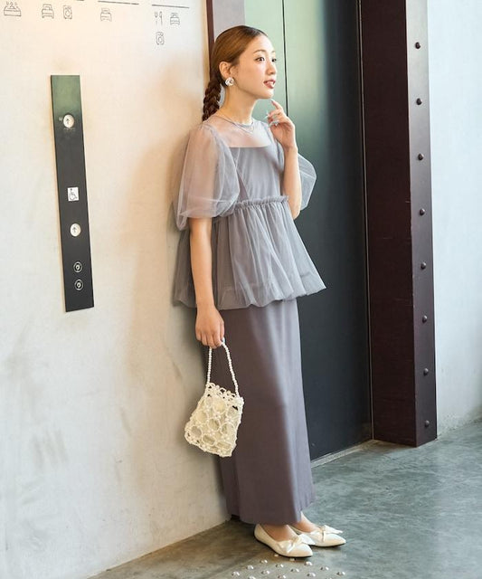 網紗荷葉邊套裝吊帶連衣裙(禮服)