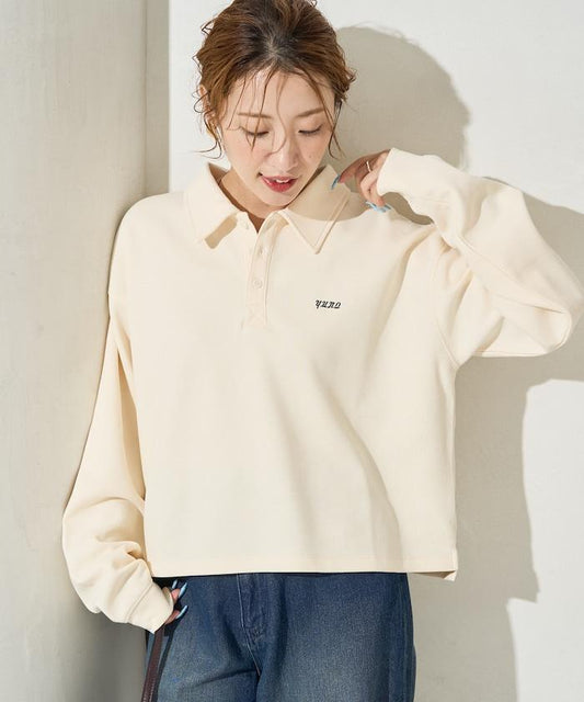 簡約刺繡短款翻領套頭衫