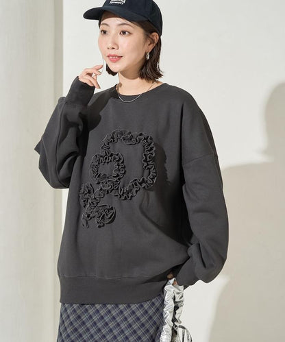 花朵荷葉邊刺繡加絨衛衣