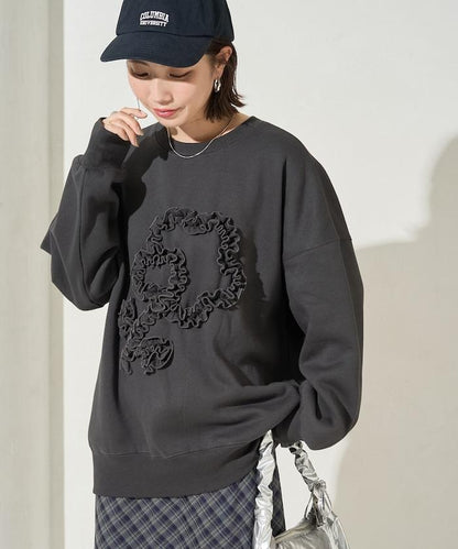 花朵荷葉邊刺繡加絨衛衣