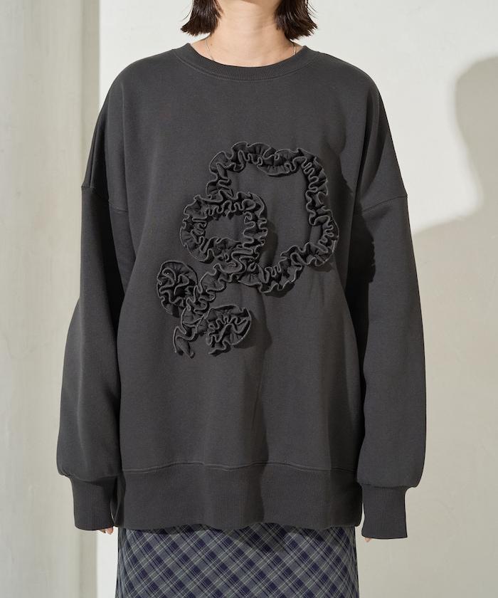 花朵荷葉邊刺繡加絨衛衣