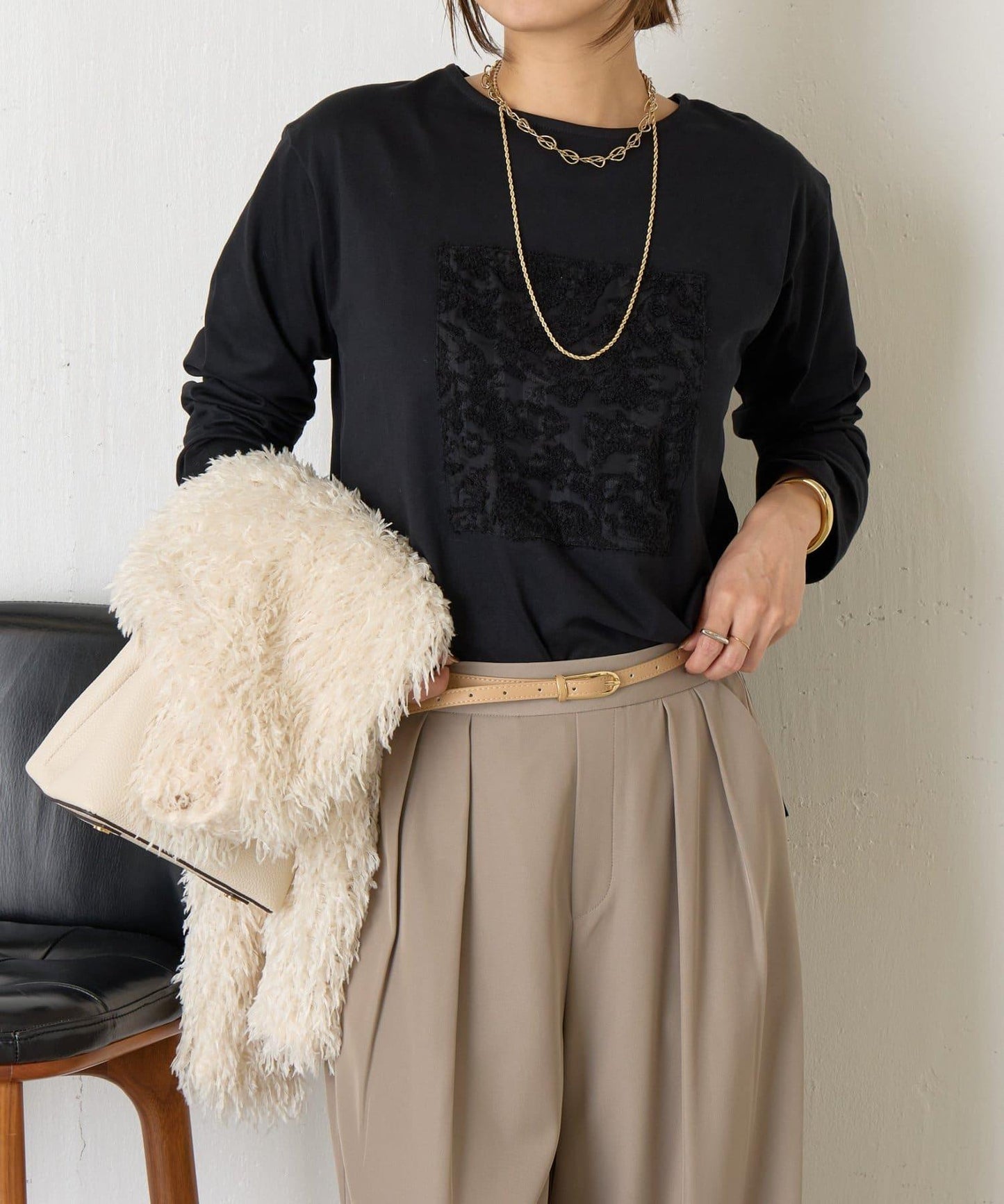 剪裁提花長袖T恤