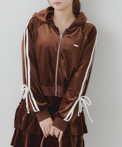 【RMAF】【套裝】袖部蝴蝶結天鵝絨連帽衛衣 & 百褶迷你裙