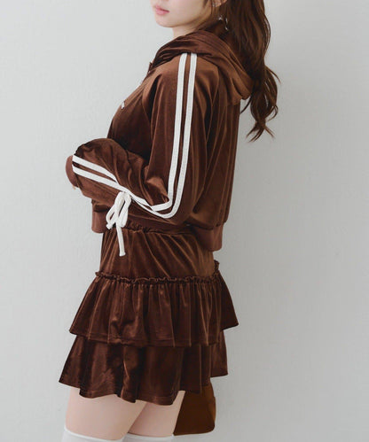 【RMAF】【套裝】袖部蝴蝶結天鵝絨連帽衛衣 & 百褶迷你裙