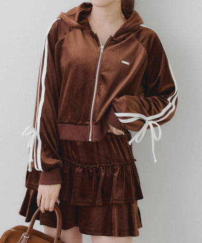 【RMAF】【套裝】袖部蝴蝶結天鵝絨連帽衛衣 & 百褶迷你裙