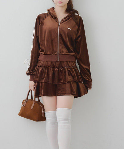 【RMAF】【套裝】袖部蝴蝶結天鵝絨連帽衛衣 & 百褶迷你裙