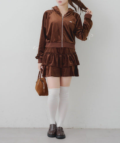 【RMAF】【套裝】袖部蝴蝶結天鵝絨連帽衛衣 & 百褶迷你裙