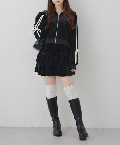 【RMAF】【套裝】袖部蝴蝶結天鵝絨連帽衛衣 & 百褶迷你裙