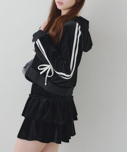 【RMAF】【套裝】袖部蝴蝶結天鵝絨連帽衛衣 & 百褶迷你裙