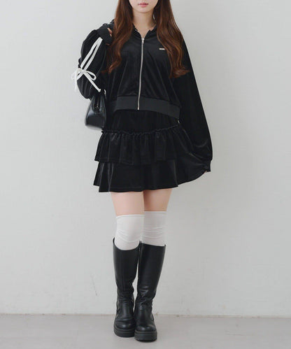【RMAF】【套裝】袖部蝴蝶結天鵝絨連帽衛衣 & 百褶迷你裙