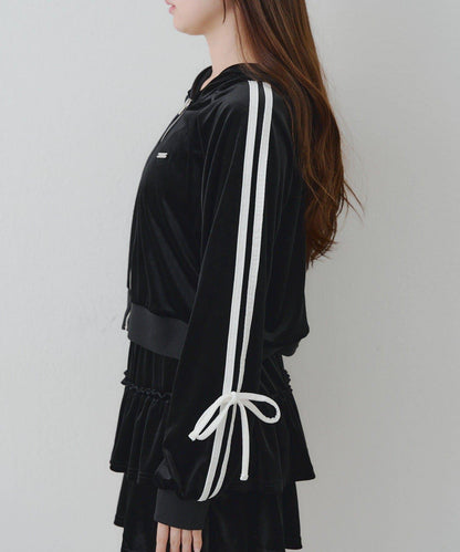 【RMAF】【套裝】袖部蝴蝶結天鵝絨連帽衛衣 & 百褶迷你裙