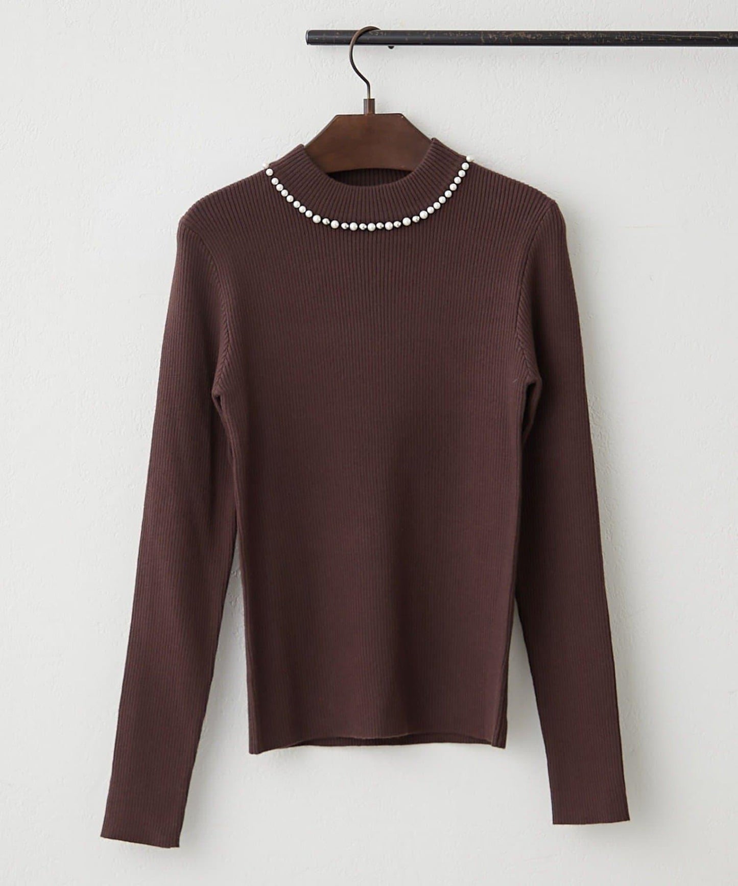 【RMAF】珍珠裝飾小高領羅紋針織衫