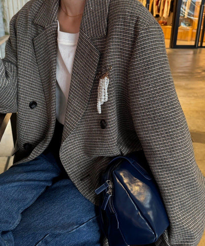 珍珠胸針裝飾格紋西裝外套