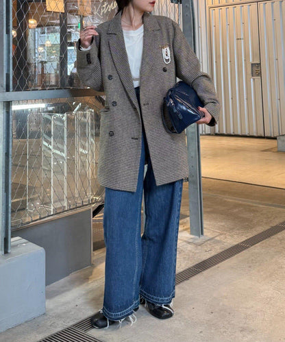 珍珠胸針裝飾格紋西裝外套