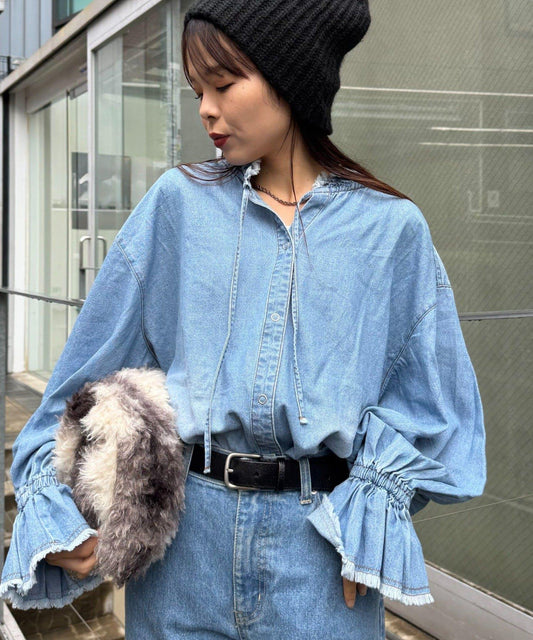 泡泡袖立領牛仔襯衫