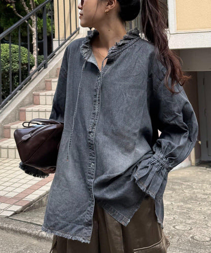 泡泡袖立領牛仔襯衫