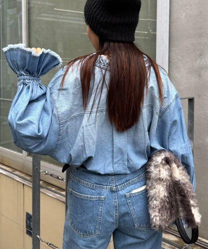 泡泡袖立領牛仔襯衫