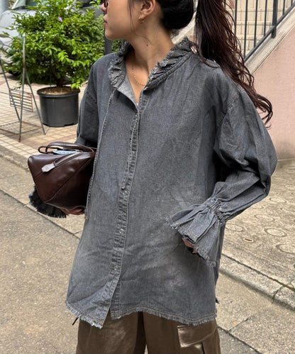 泡泡袖立領牛仔襯衫