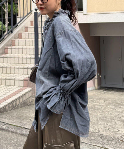 泡泡袖立領牛仔襯衫