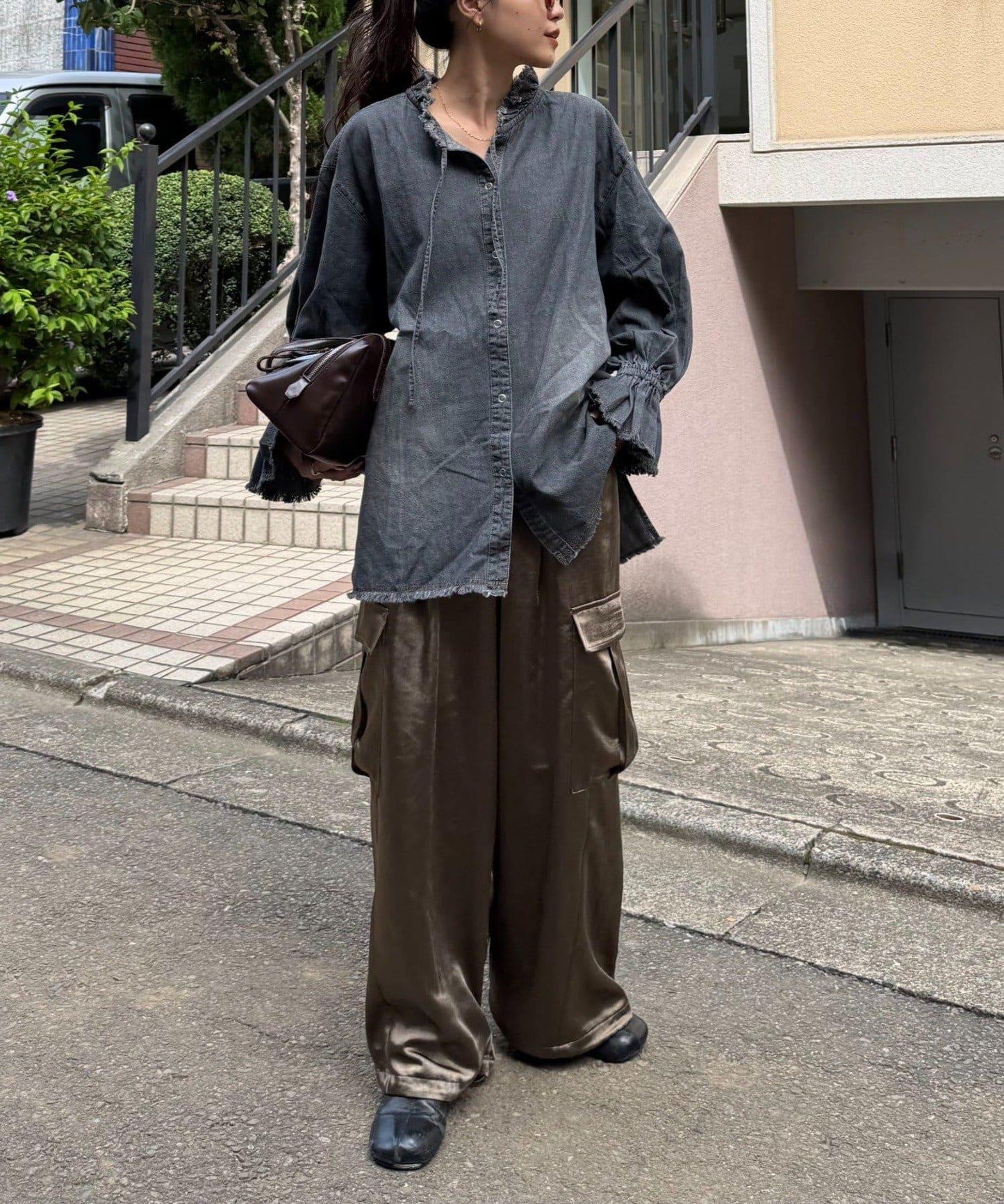 泡泡袖立領牛仔襯衫