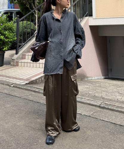 泡泡袖立領牛仔襯衫