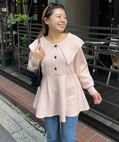 【MOMO】大翻領荷葉邊針織上衣