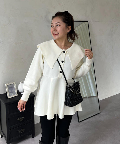 【MOMO】大翻領荷葉邊針織上衣