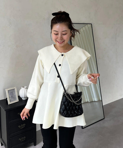 【MOMO】大翻領荷葉邊針織上衣