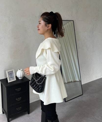 【MOMO】大翻領荷葉邊針織上衣