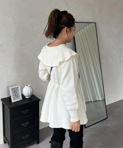 【MOMO】大翻領荷葉邊針織上衣