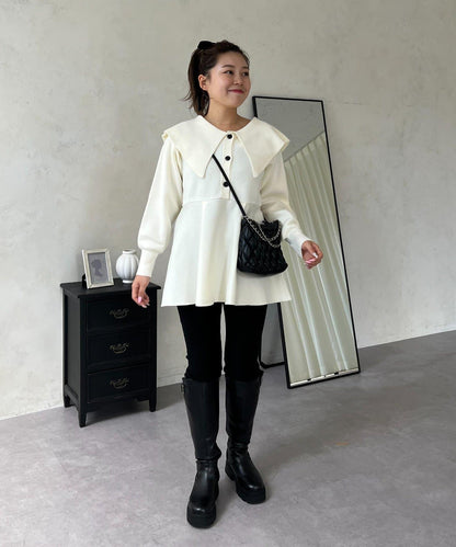 【MOMO】大翻領荷葉邊針織上衣