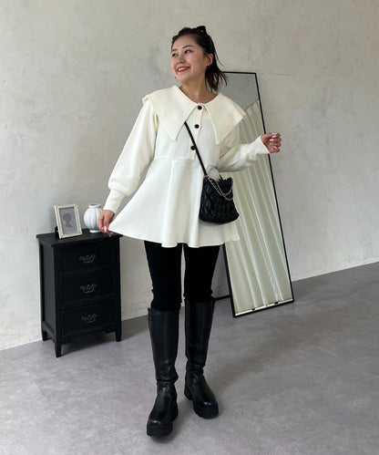 【MOMO】大翻領荷葉邊針織上衣