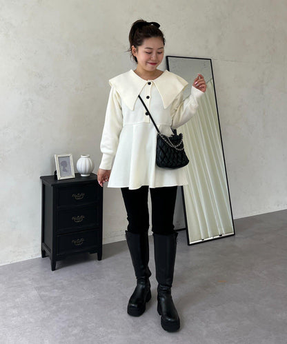 【MOMO】大翻領荷葉邊針織上衣