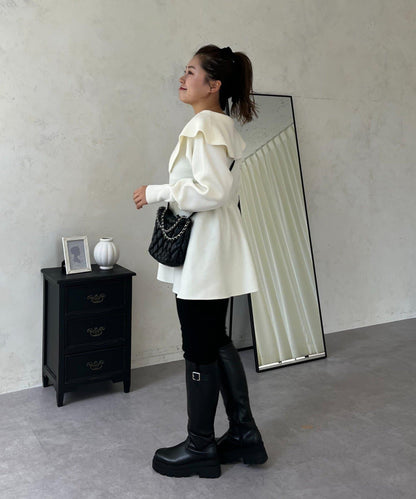 【MOMO】大翻領荷葉邊針織上衣
