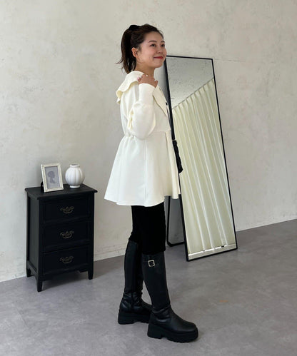 【MOMO】大翻領荷葉邊針織上衣