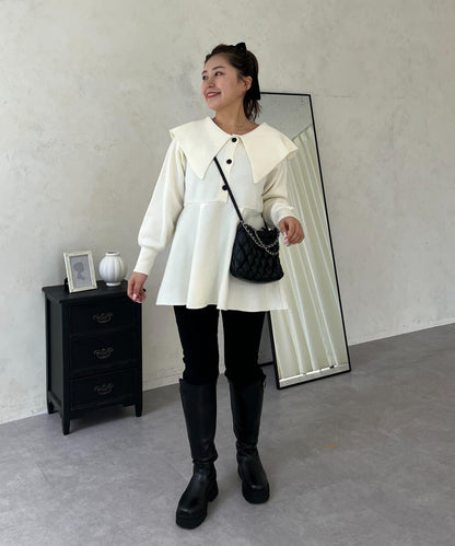 【MOMO】大翻領荷葉邊針織上衣