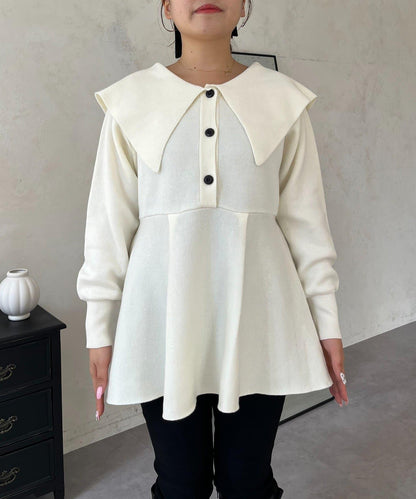 【MOMO】大翻領荷葉邊針織上衣