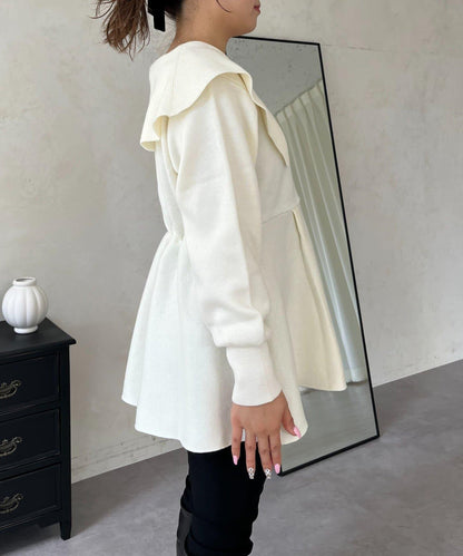 【MOMO】大翻領荷葉邊針織上衣