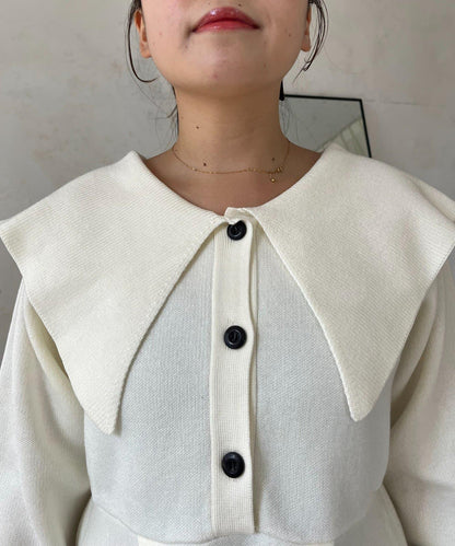 【MOMO】大翻領荷葉邊針織上衣