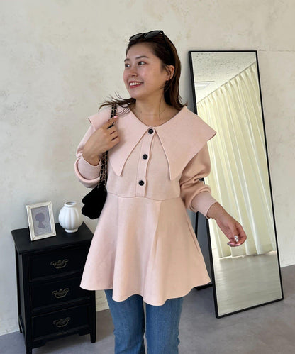 【MOMO】大翻領荷葉邊針織上衣