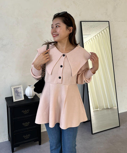 【MOMO】大翻領荷葉邊針織上衣