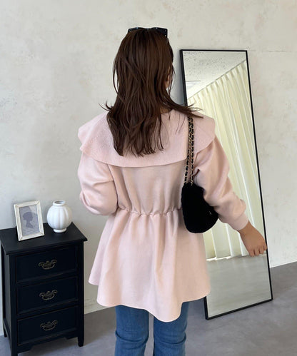 【MOMO】大翻領荷葉邊針織上衣